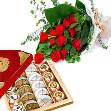 12 Red Roses with 1/2Kg Mixed Sweets